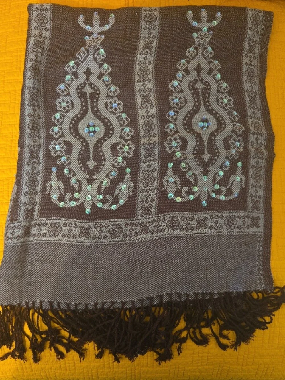Embellished Paisley Fringe Scarf in Brown and Cream